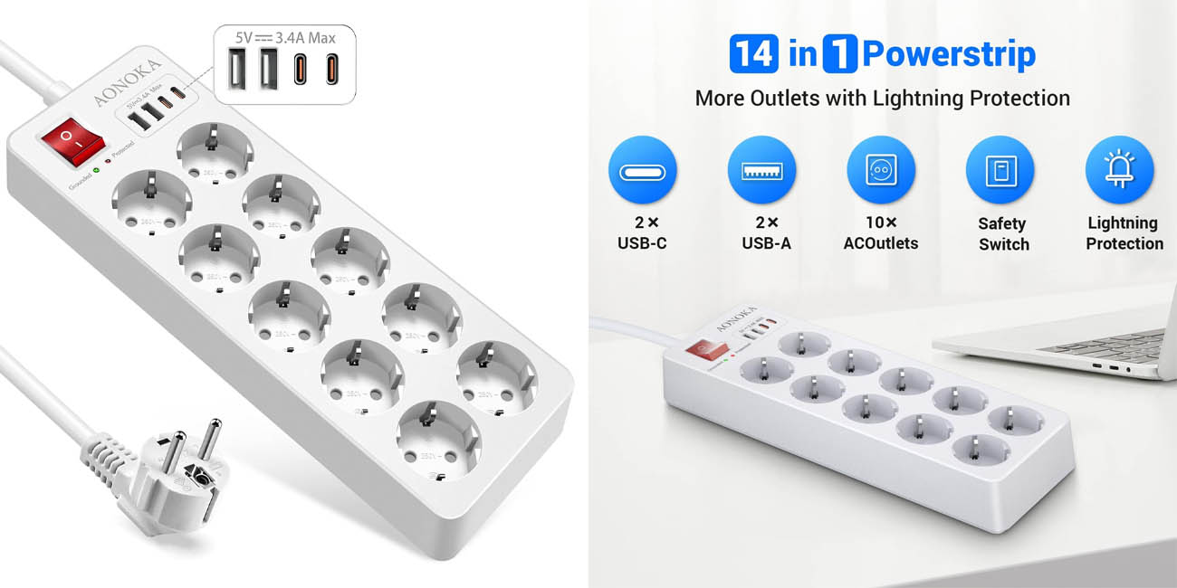 Chollo Regleta de enchufes Aonoka con 6 tomas, 2x USB y 2x USB-C de carga por sólo 25,19€ con cupón descuento (-28%)