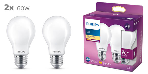 Chollo Pack x2 Bombillas Philips LED Cristal E27 de 75W por solo 6,99€ (52% de descuento)