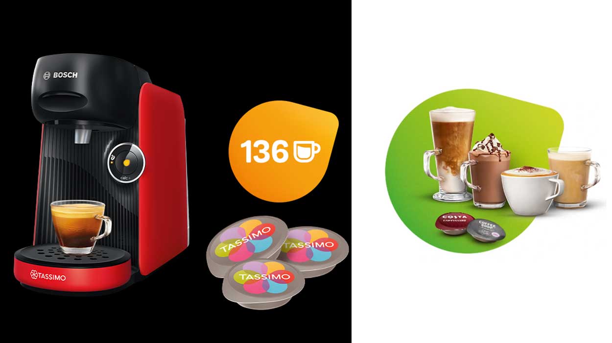 Cafetera Bosch Finesse roja de REGALO al comprar un lote de 10 packs de cápsulas Tassimo por sólo 49€