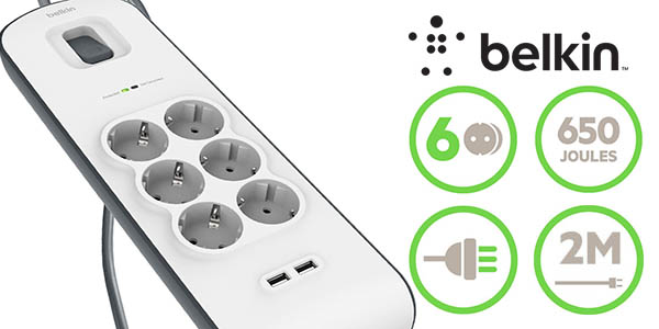 Chollo Regleta de protección Belkin de 6 tomas con interruptor por sólo 22,99€ (-34%)