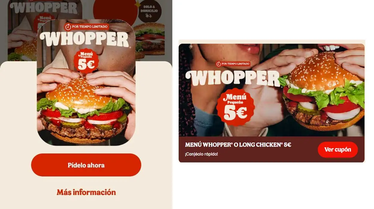 Menú Whoper 5€ en Burger King con este código descuento