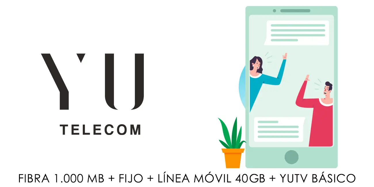 Promoción YU Telecom: Fibra 1000 megas + fijo + línea móvil 40 GB + YUTV básico por sólo 40€ AL AÑO ¡Para siempre!