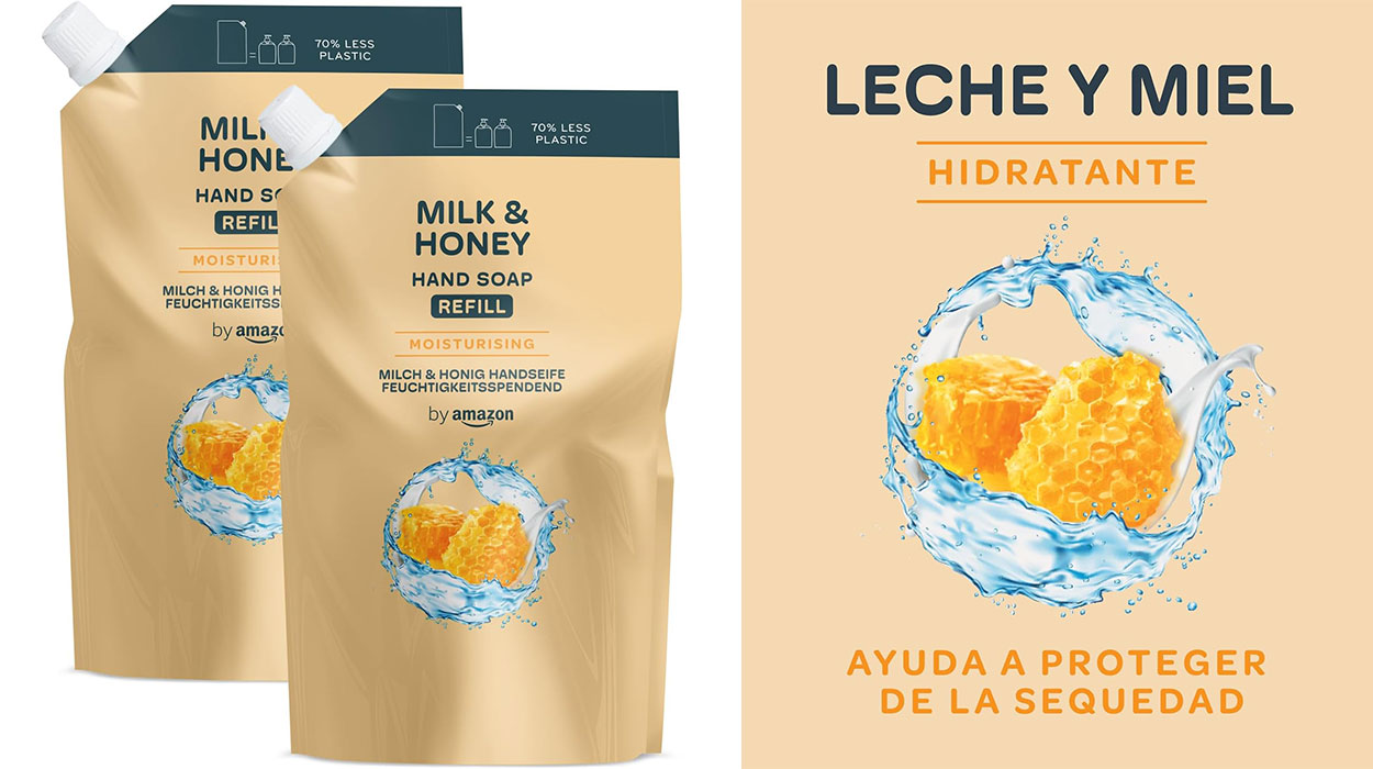 Chollo Pack x2 Recambio de jabón de manos by Amazon de miel y leche de 1.000 ml por sólo 3,96€ (-67%)