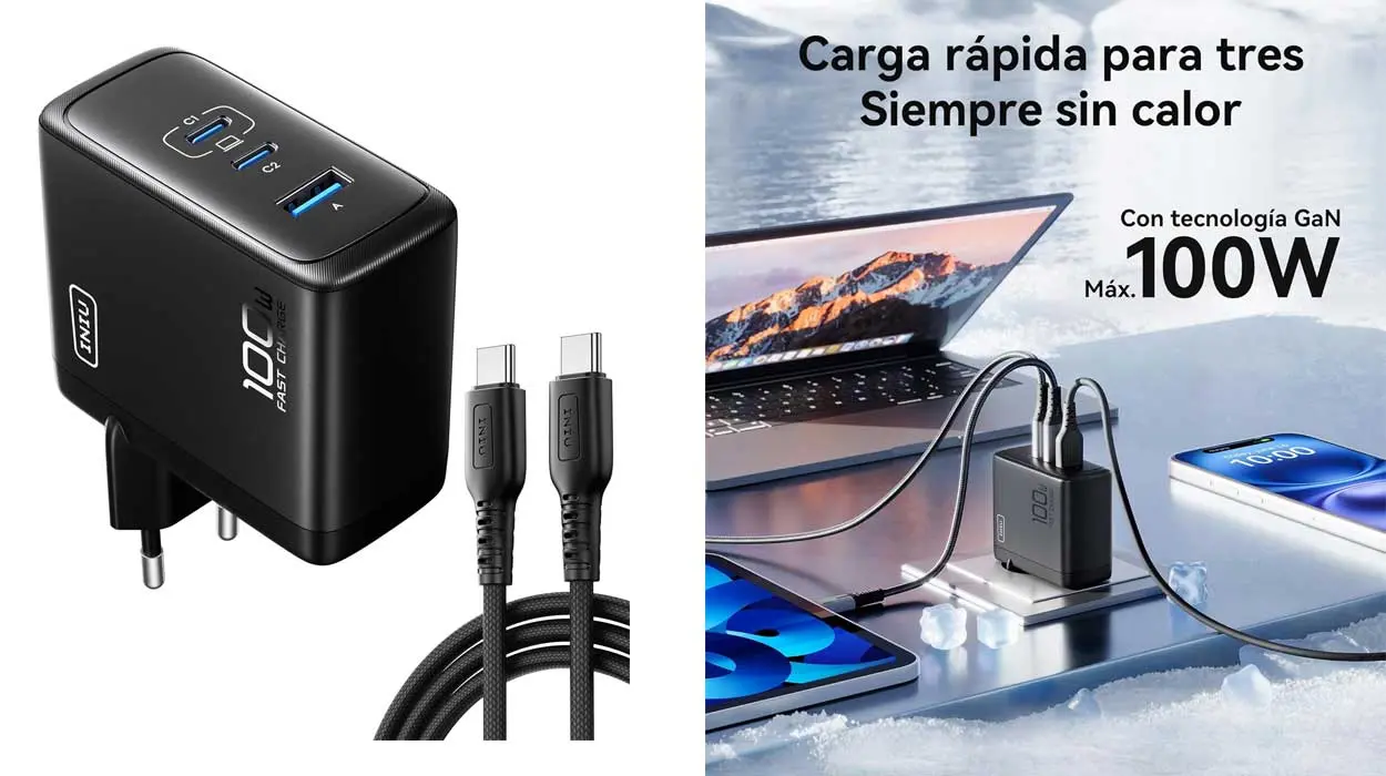 Chollo Cargador de pared INIU USB-C 100W PD 3.0 GAN de 3 puertos por sólo 23,33€ (-37%)