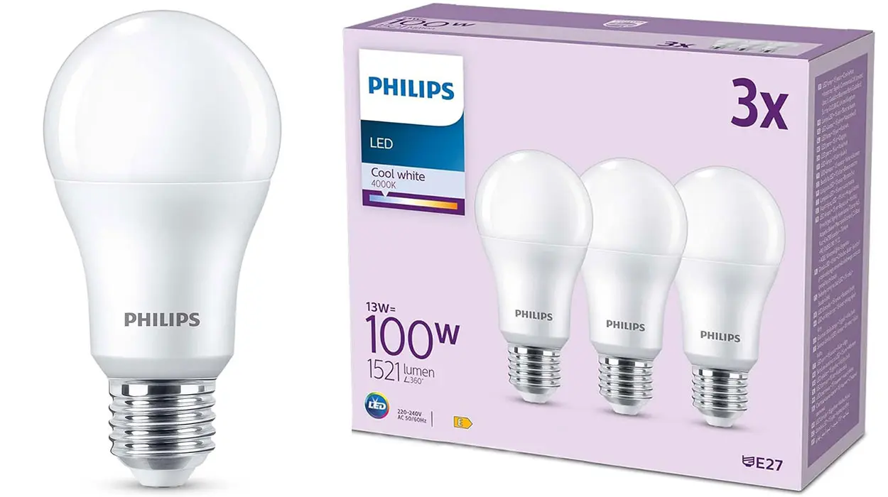 Chollo Pack de 3 bombillas LED Philips E27 de luz blanca neutra por sólo 10,49€ (-26%)