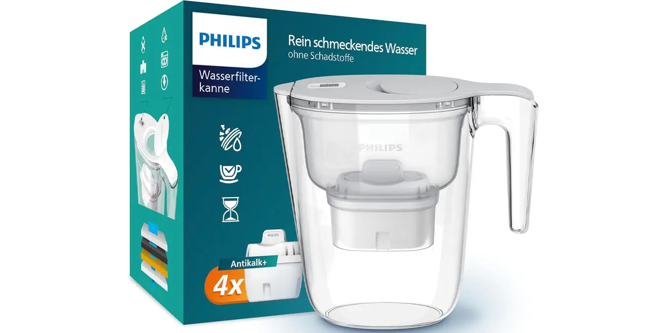 Chollo Jarra filtradora de agua Philips AWP2943 de 2,6 L con 4 cartuchos Philips AWP230 por sólo 26,49€ (-22%)