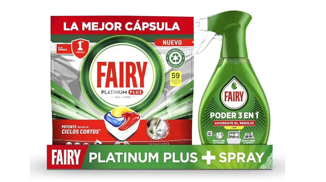 Chollo Pack Fairy Platinum Plus de 56 cápsulas + Spray Fairy sin remojo limón de 500 ml por sólo 18,99€ (-36%)