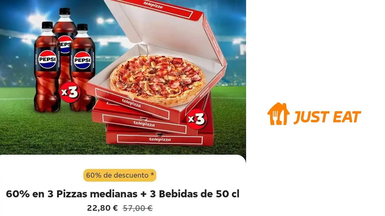 Just Eat: 3 pizzas medianas Telepizza + 3 bebidas 50 cl por sólo 22,80€