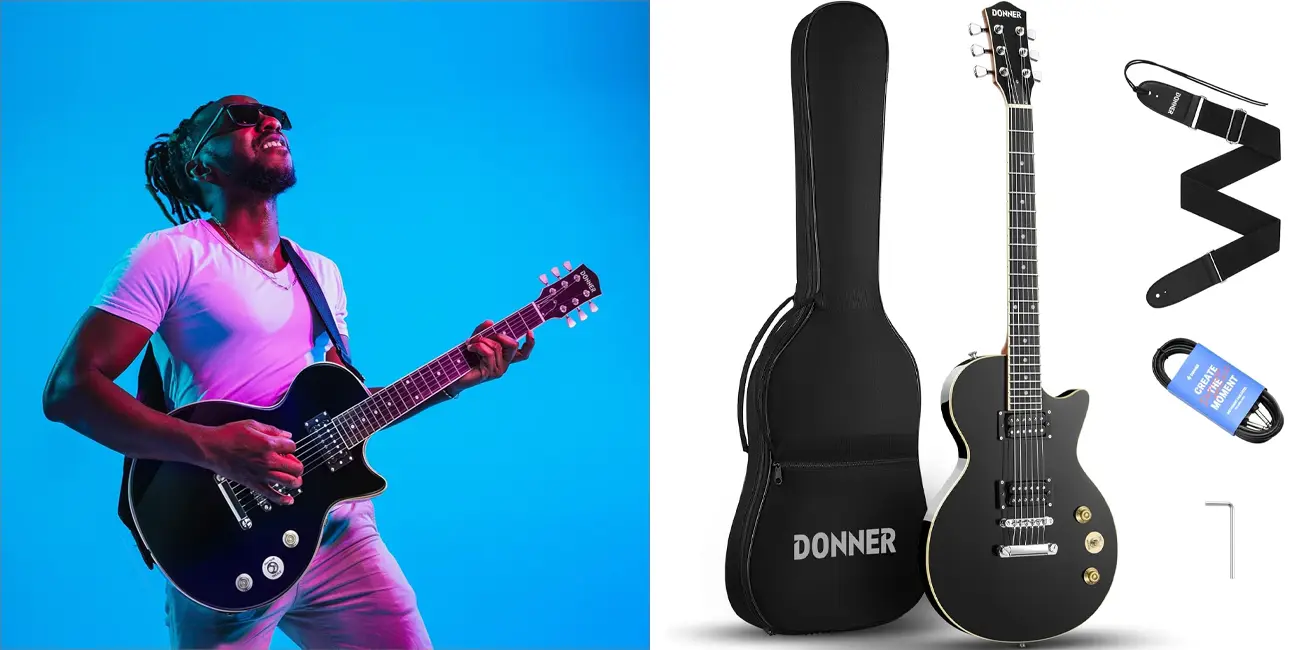 Chollo Kit de guitarra eléctrica Donner DLP-124B con funda, cable y correa por sólo 127,88€ (-20%)