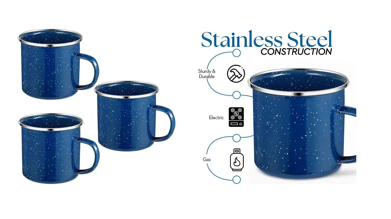 Chollo Juego de 3 tazas esmaltadas de acero inoxidable para camping por sólo 9,59€ (-20%)