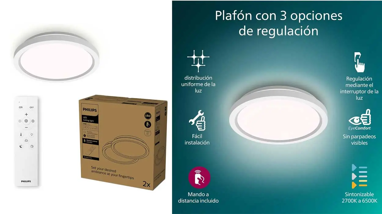 Pon a tu gusto el color de la luz y el nivel de brillo con este plafón LED regulable de Philips ¡Ofertón gordo!