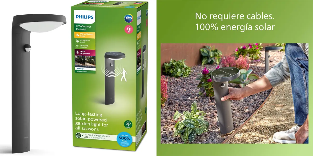 Chollo Lámpara pedestal LED de exterior Philips de 1,8W con carga solar