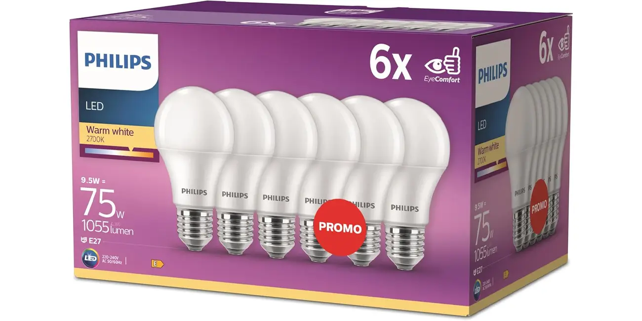 Chollo Pack de 6 bombillas LED Philips E27 de 9,5W por sólo 20,49€ (-27%)