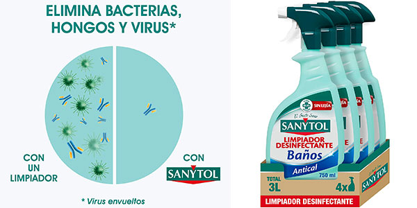 Chollo Pack x4 Limpiador Sanytol Desinfectante Baños Antical de 750 ml por sólo 7,96€ (-43%) ¡1,99€ cada uno!