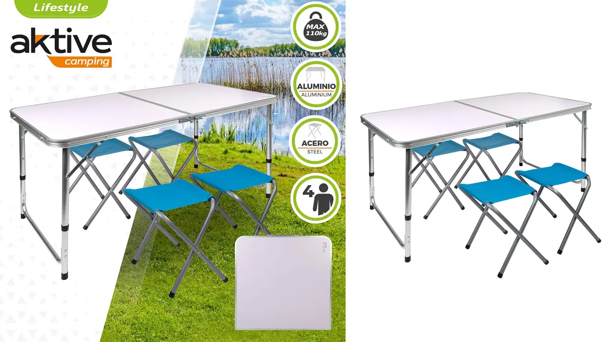 Chollo Mesa de camping plegable Aktive con 4 taburetes por sólo 36,30€ con envío gratis (-17%)