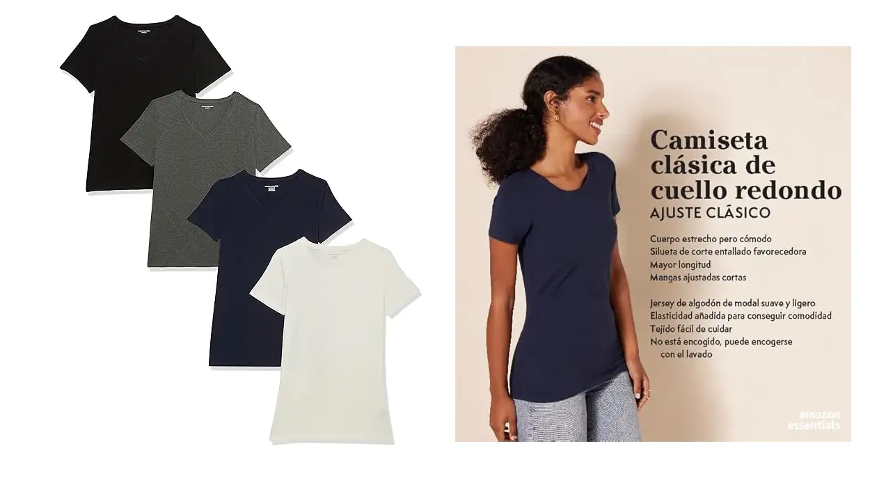 Chollo Pack de 4 camisetas de manga corta Amazon Essentials para mujer por sólo 14,36€ ¡3,59€ cada una!