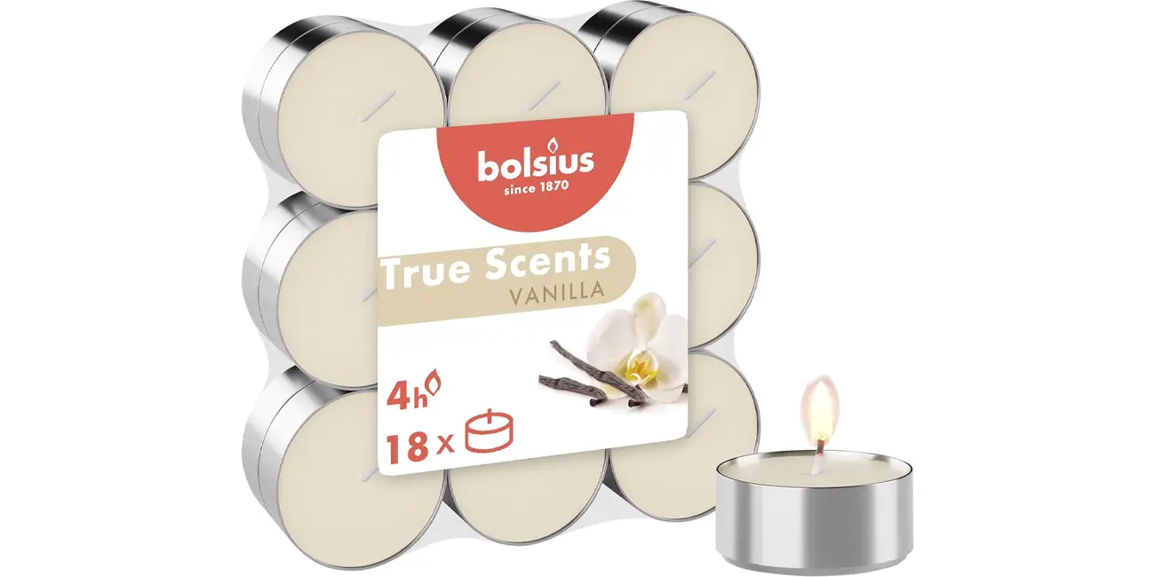 Chollo Pack 18x velas de té Bolsius True Scents vainilla con fragancia larga duración por sólo 2,54€ (-45%)