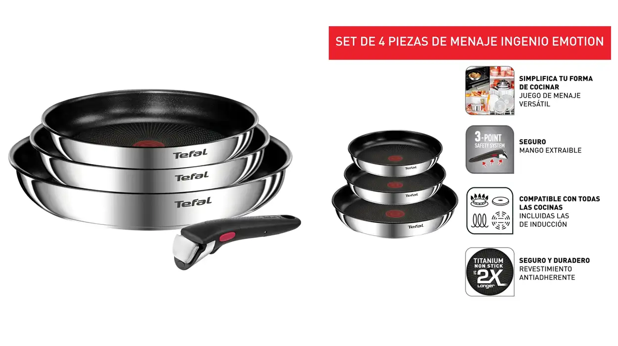 Chollo Juego de 3 sartenes Tefal Ingenio Emotion de 22, 24 y 28 cm con mango extraíble por sólo 55,99€ con envío gratis (-21%)