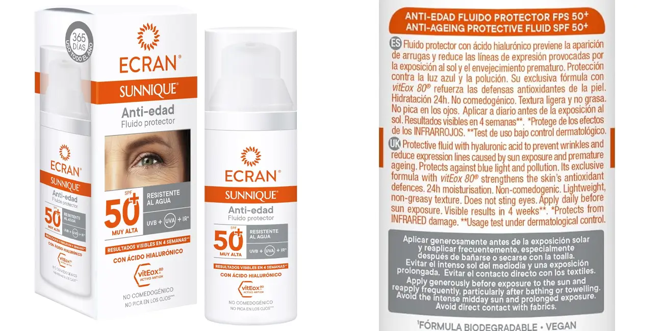 Chollo Fluido facial Ecran Sunnique anti-edad FPS 50+ de 50 ml por sólo 10,29€ (-31%)