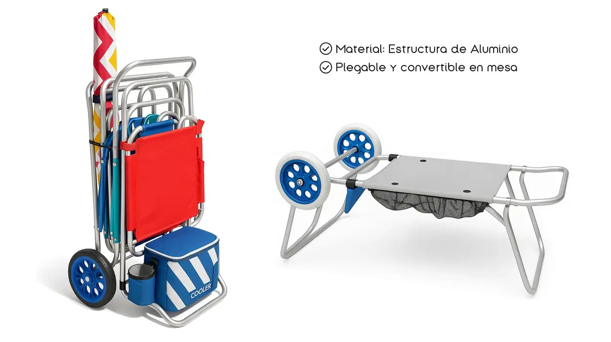 Inventazo: Disfruta de un día de playa muy cómodo con este carro portasillas convertible en mesa a un precio genial