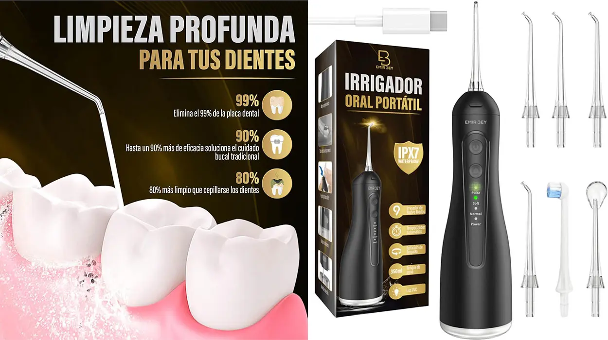 Este irrigador bucal portátil es uno de los más baratos que vas a encontrar y no le falta de nada