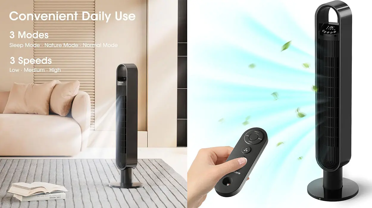 Chollo Ventilador de torre portátil Curecure con oscilación por sólo 43,39€ y envío gratis con cupón descuento (-38%)