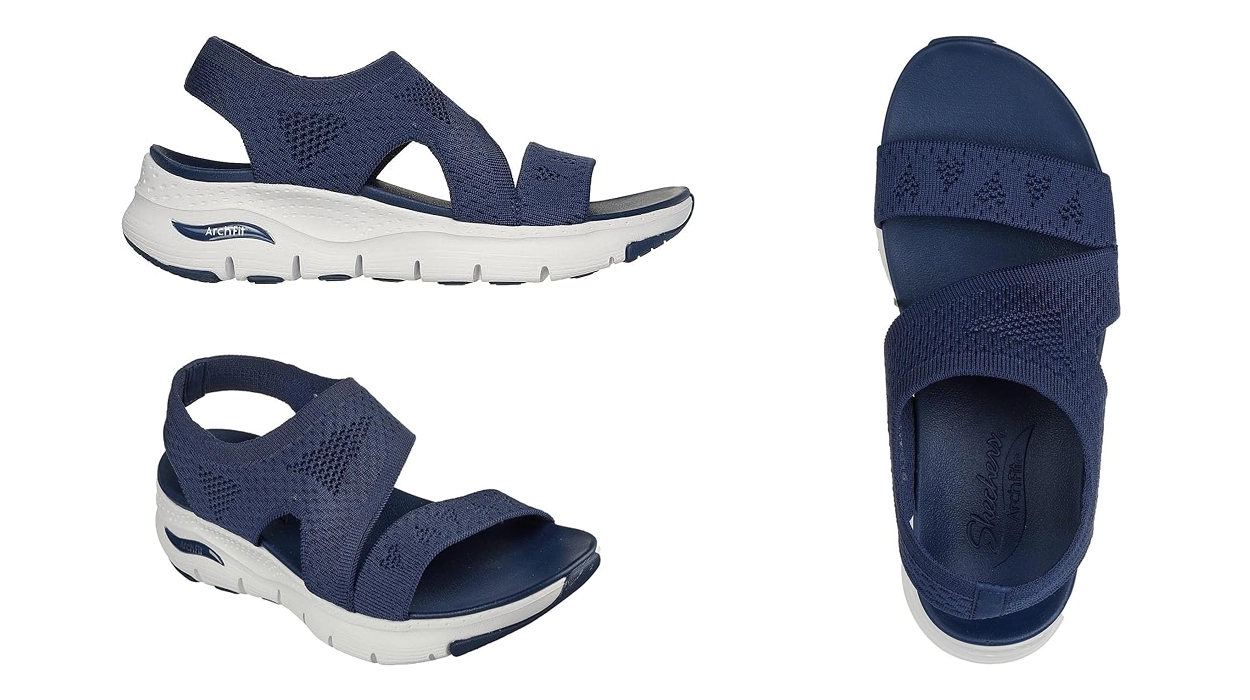 Comodidad nivel 100 con estas sandalias Skechers Cali azul marino rebajadísimas