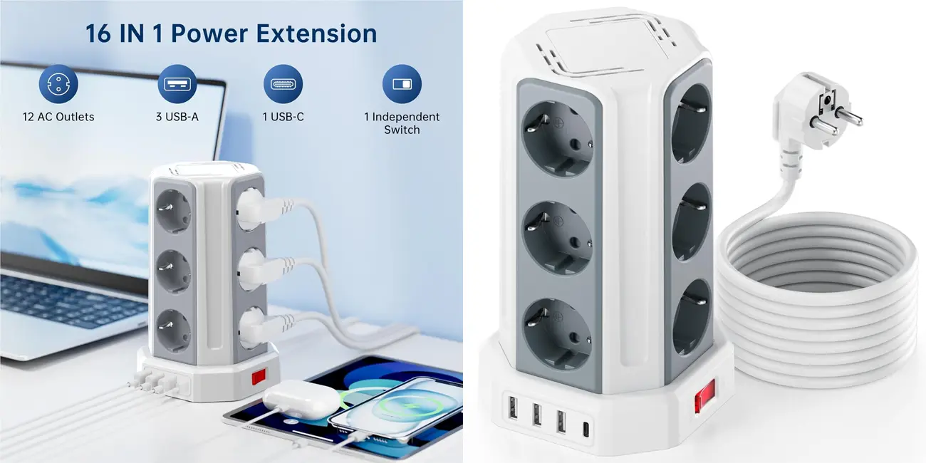 Chollo Regleta vertical con 12 tomas y 4x USB de 16A por sólo 22,18€ (-21%)