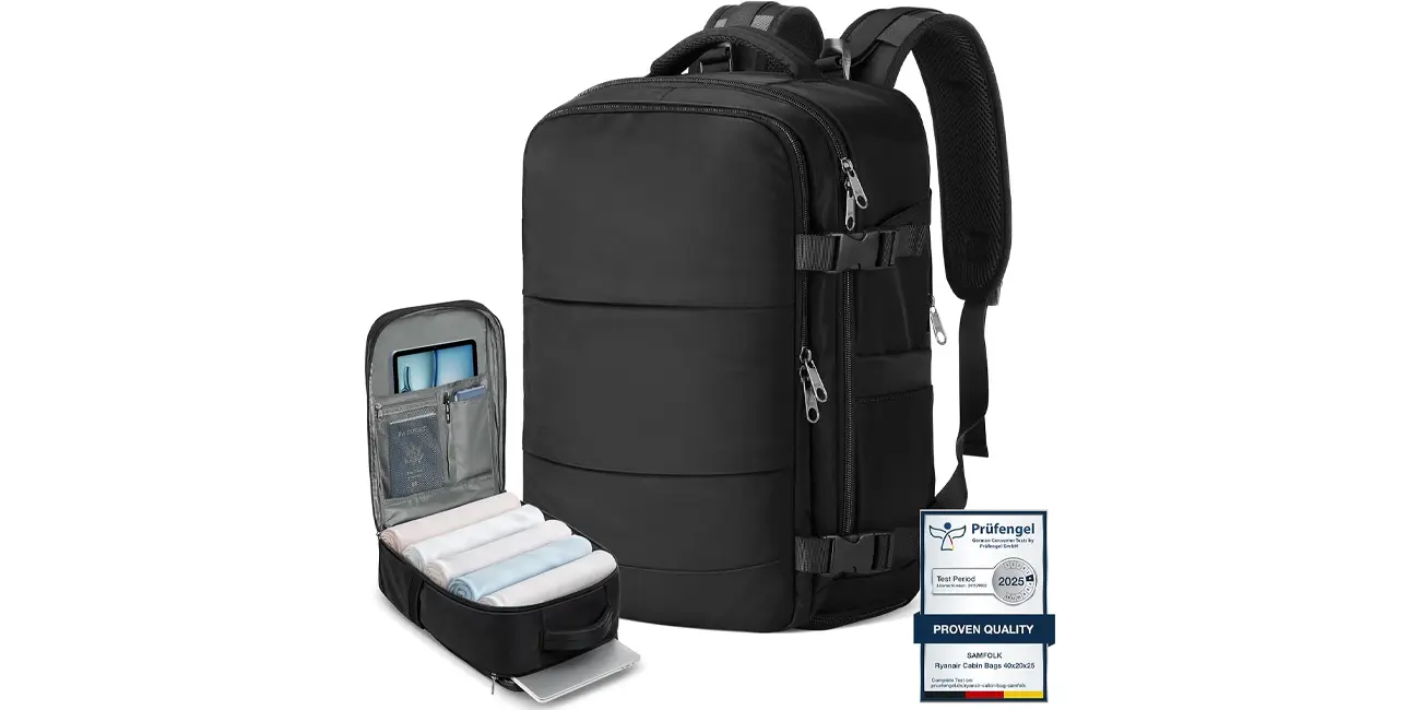Chollo Mochila de viaje Samfolk con apertura tipo maleta por sólo 21,92€ (-39%)