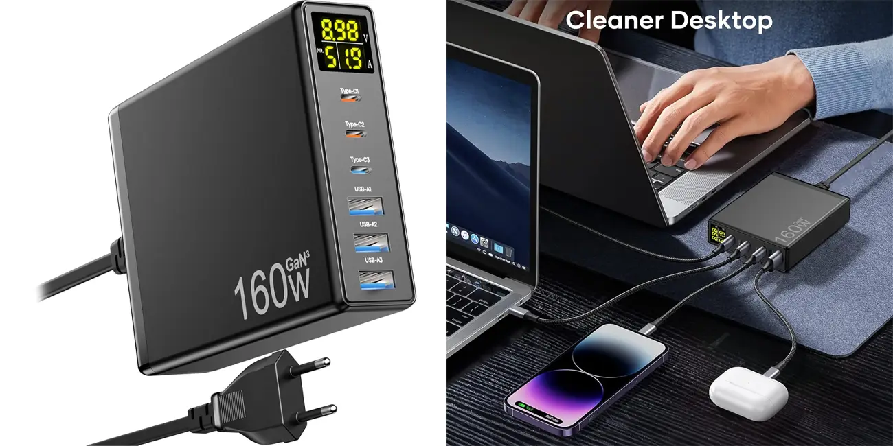 Chollo Cargador Ganquick GaN3 de 160W PD 3.0 con 3x USB y 3x USB-C por sólo 29,99€ y envío gratis con cupón (-25%)
