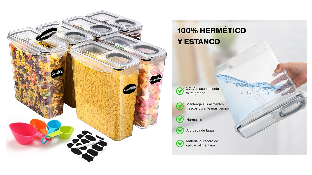 Adiós al caos en tu cocina: este juego de 6 recipientes con tapa dispensadora y accesorios te va a venir de maravilla, por un precio mínimo