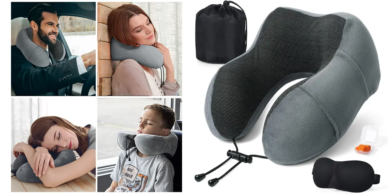 Chollo Set de viaje con almohada de espuma viscoelástica + antifaz + tapones por sólo 14,09€ con cupón descuento
