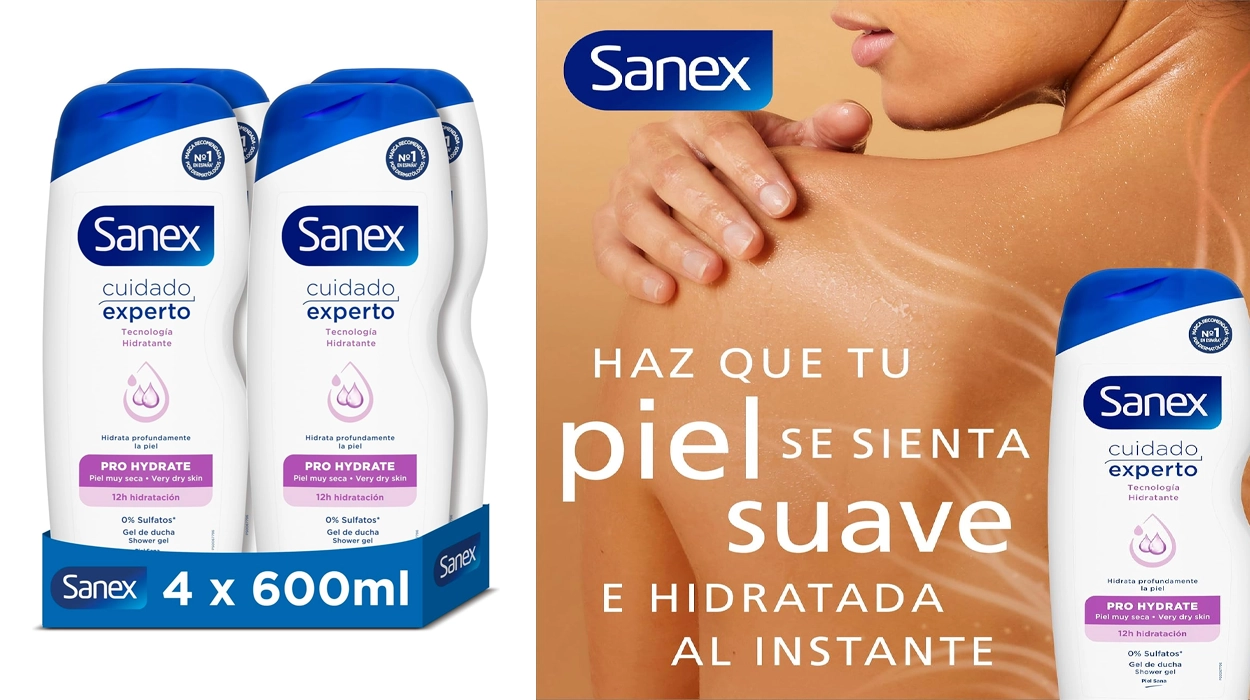 Chollo Pack x4 Gel de ducha Sanex Cuidado Experto Pro Hydrate de 600 ml por sólo 7,36€ con cupón ¡1,84€ cada uno!