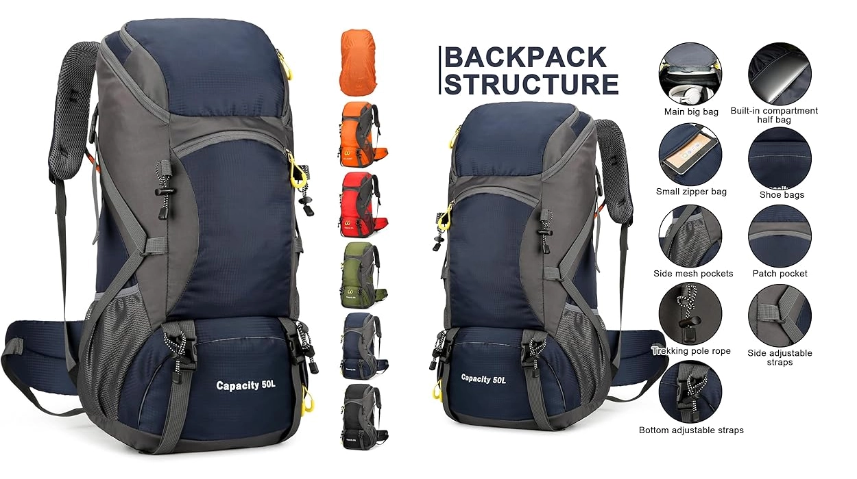 Chollo Mochila de senderismo Jianyana de 50 litros con cubierta para lluvia por sólo 24,76€ (-27%)