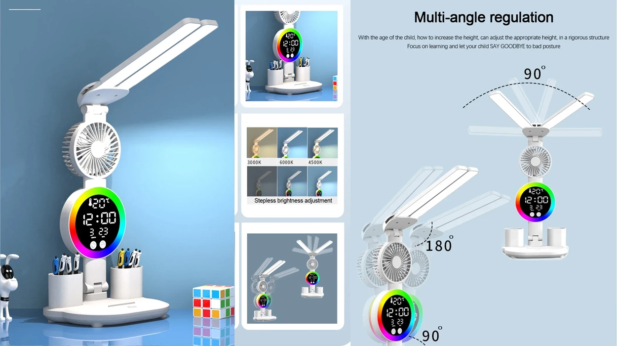 Olvídate de tener mil cosas por encima de tu escritorio con esta lámpara LED con reloj y ventilador baratísima ¡INVENTAZO!
