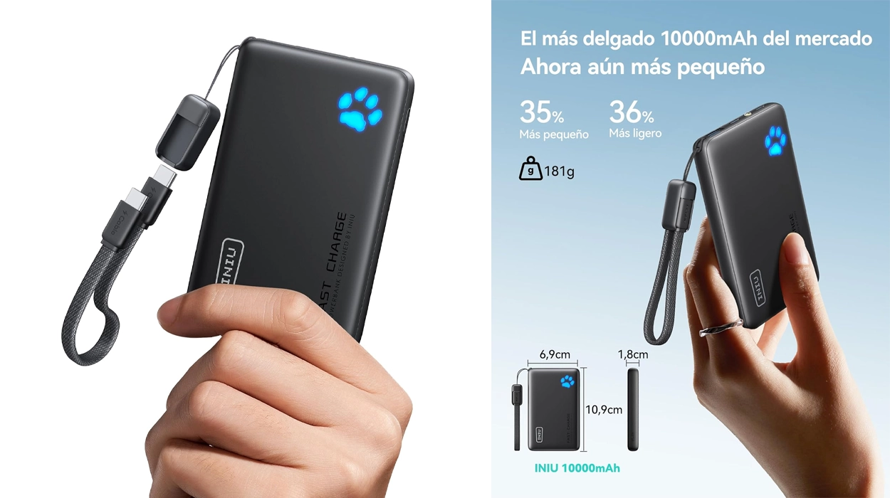 Chollo Powerbank INIU de 10.000 mAh PD con cable USB-C trenzado desmontable por sólo 12,42€ con descuento automático (59% de descuento)