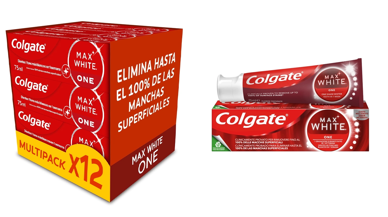 Chollo Pack de 12 tubos Colgate Max White One por sólo 18,92€ (-41%) ¡1,58€ el tubo!