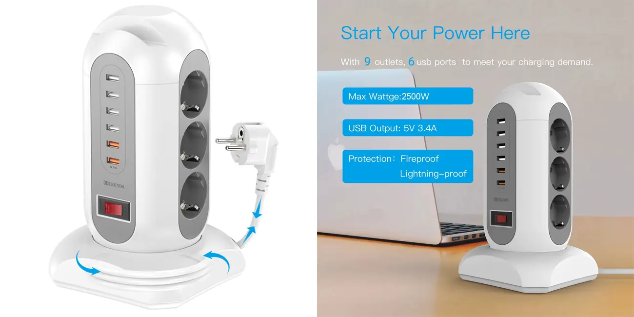 Chollo Regleta vertical HITRENDS con 9 tomas y 6x USB por sólo 23,99€ con cupón y envío gratis (-59%)