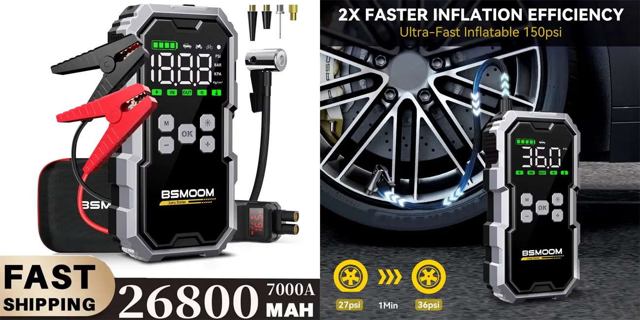 Chollo Compresor de aire y arrancador de batería BSMOOM 12V de 150 PSI por sólo 45,65€ con cupón y envío gratis (-59%)