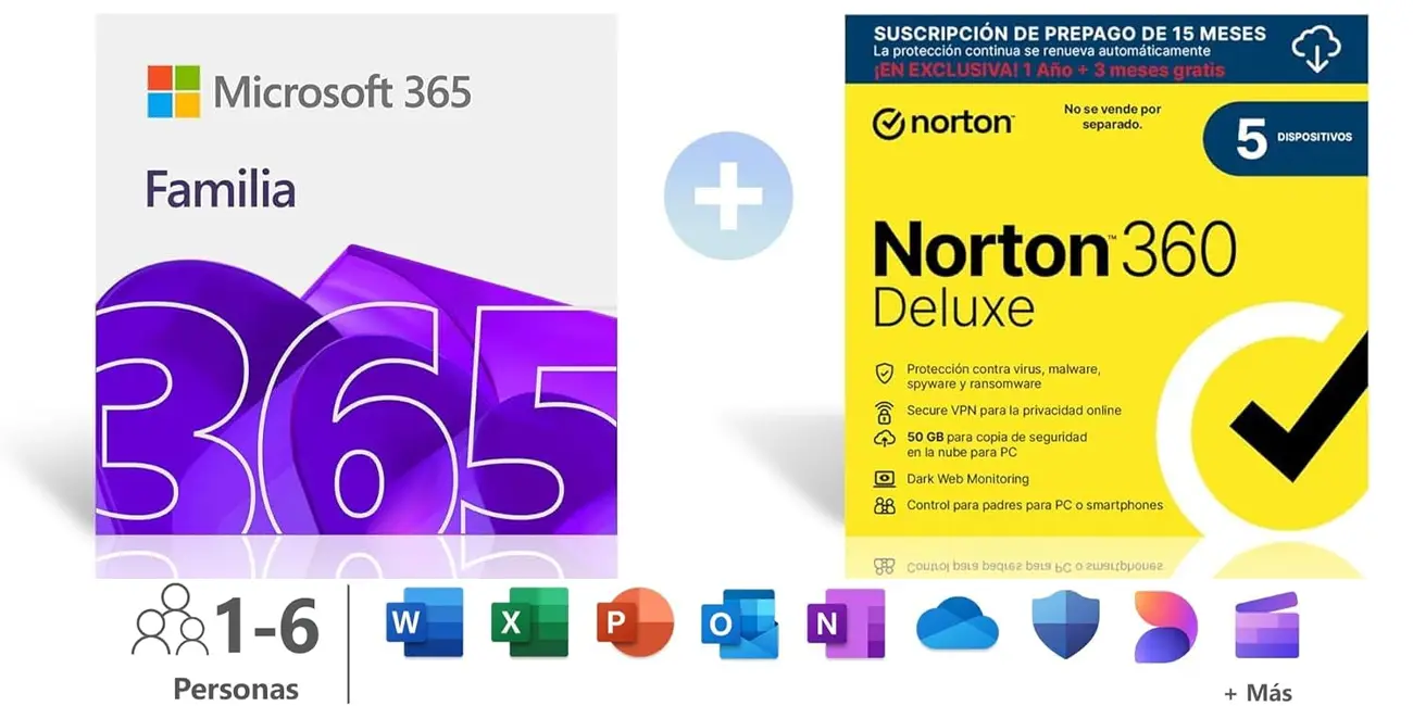 Office para toda la familia: Microsoft 365 Familia para hasta 6 personas con 6 TB (1TB por persona) + Norton 360 Deluxe ¡con un 58% de descuento!