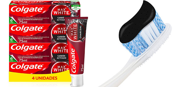 Chollo Pack x4 Colgate Max White Carbón Activado de 75 ml por sólo 8€ (-37%) ¡A 2€ cada una!