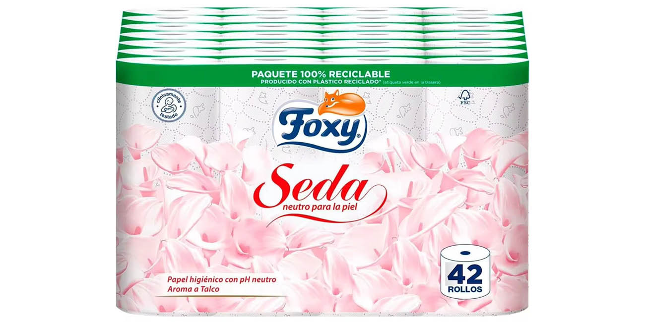 Chollo Pack 42 rollos papel higiénico Foxy Seda por sólo 15,49€ con cupón descuento y envío gratis (-45%)
