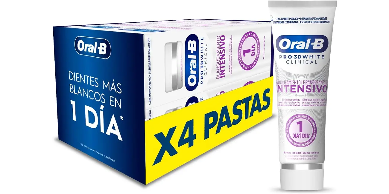 Chollo Pack 4x pasta de dientes Oral-B Pro 3D White Clinical por sólo 13,59 € (-43%) ¡3,40€ cada una!
