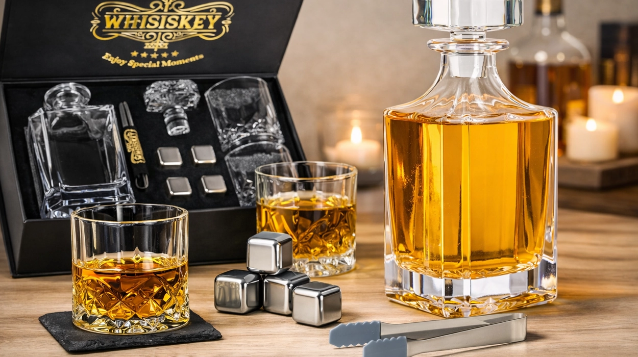 El regalo perfecto para amantes del whisky: decantadora elegante, vasos premium y accesorios para disfrutarlo como se merece