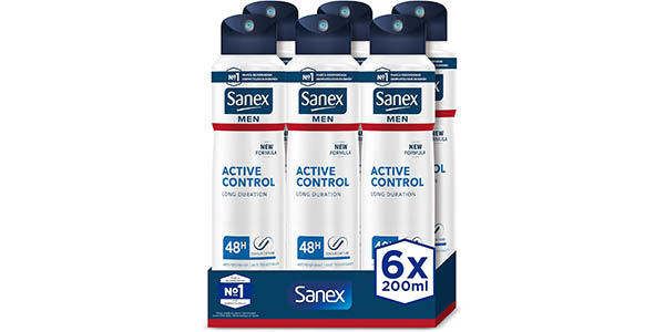 Chollo Pack x6 desodorante Sanex Men Active Control de 200 ml en spray por sólo 12,89€ con cupón (-37%) ¡ Sólo 2,15€ cada uno!