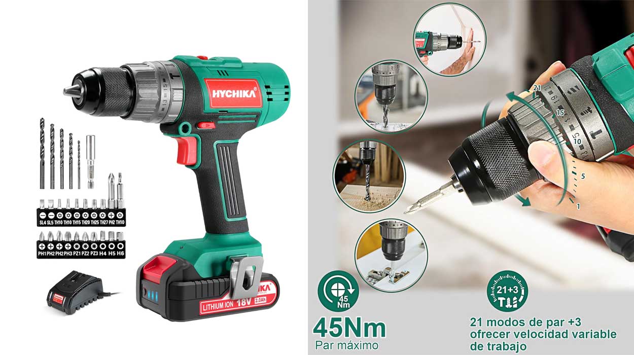 Chollo Taladro percutor HYCHIKA con batería y 27 accesorios por sólo 44,96€ con envío gratis (20% de descuento)