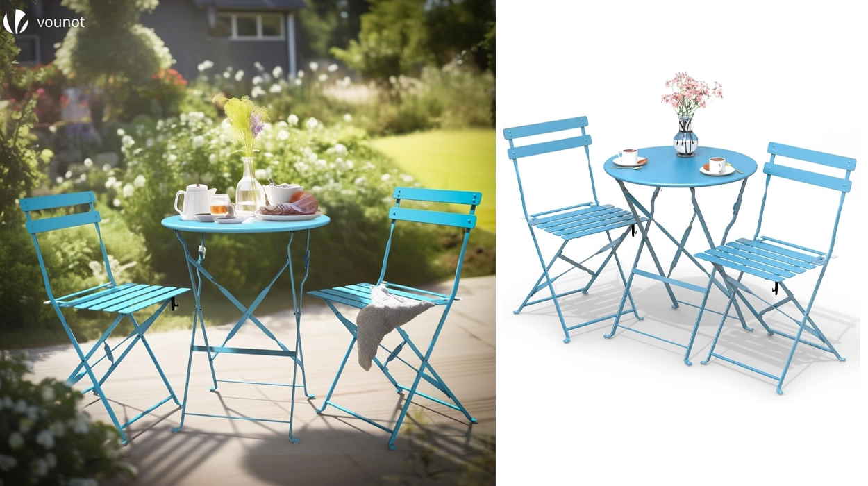 Disfruta del buen tiempo en tu terraza con este conjunto de muebles plegables Bistro con marco de acero por menos de 65€