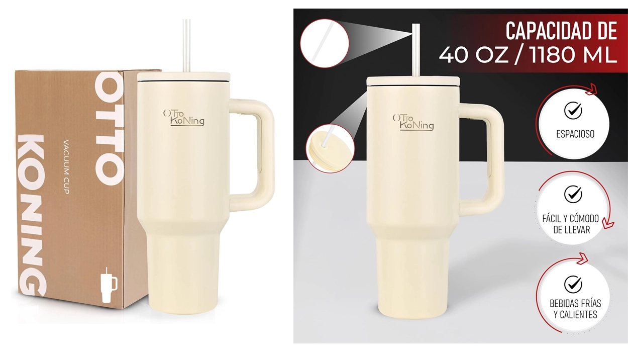 Chollo Vaso térmico Otto Koning de 1,2 litros con doble pared, asa, tapa y pajita por sólo 9,99€ (44% de descuento)