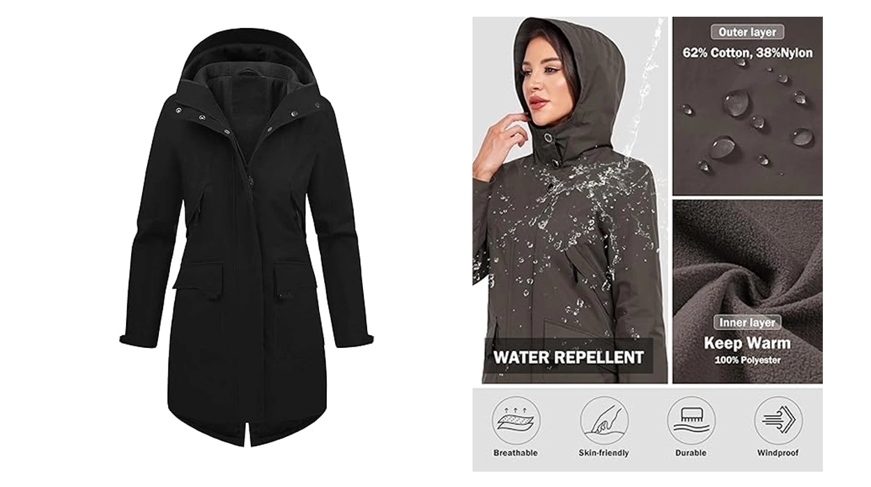 Ríete de la lluvia y el viento con estas parkas largas shoftshell para mujer: con forro polar, capucha y 7 bolsillos, a un precio buenísimo aprovechando este cupón de Amazon