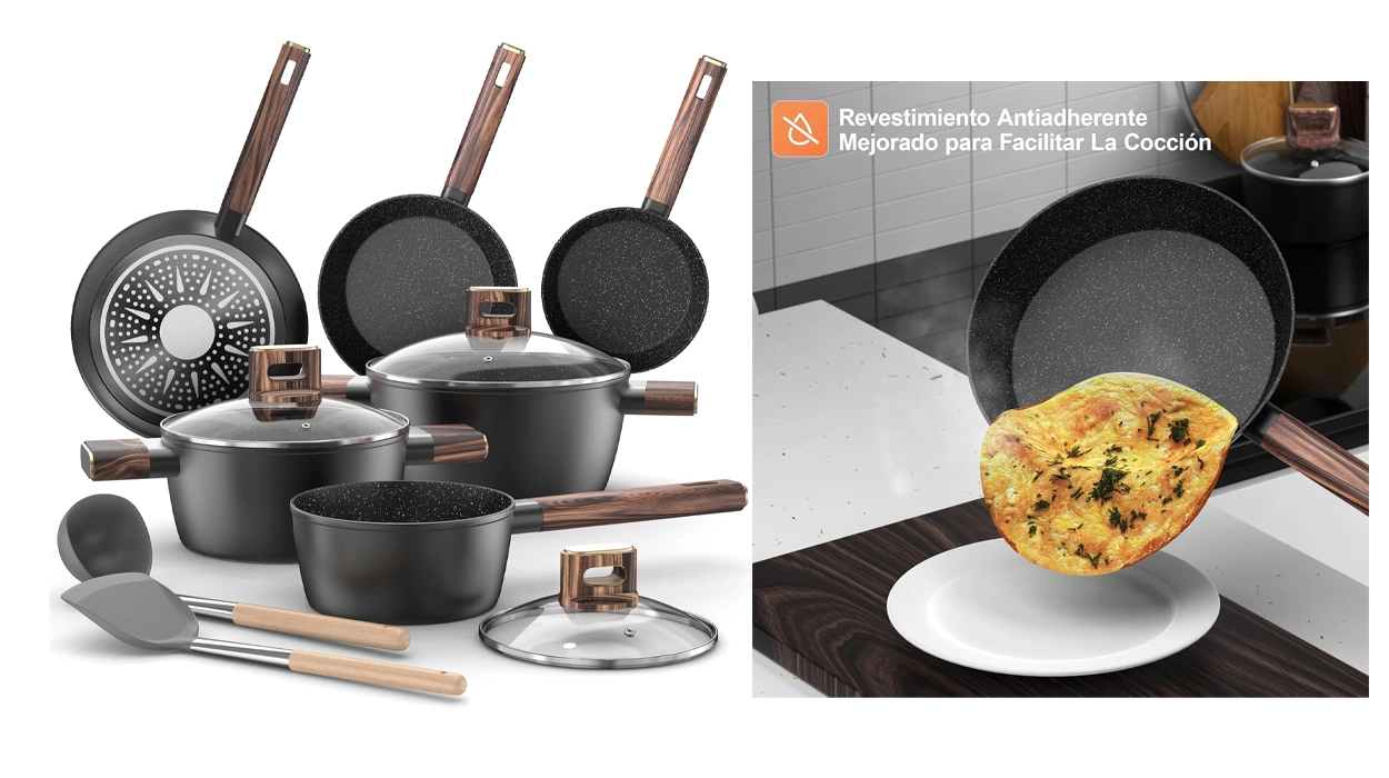 Chollo Batería de cocina de 11 piezas con ollas y sartenes de aluminio antiadherente por sólo 66,49€ con envío gratis (42% de descuento)